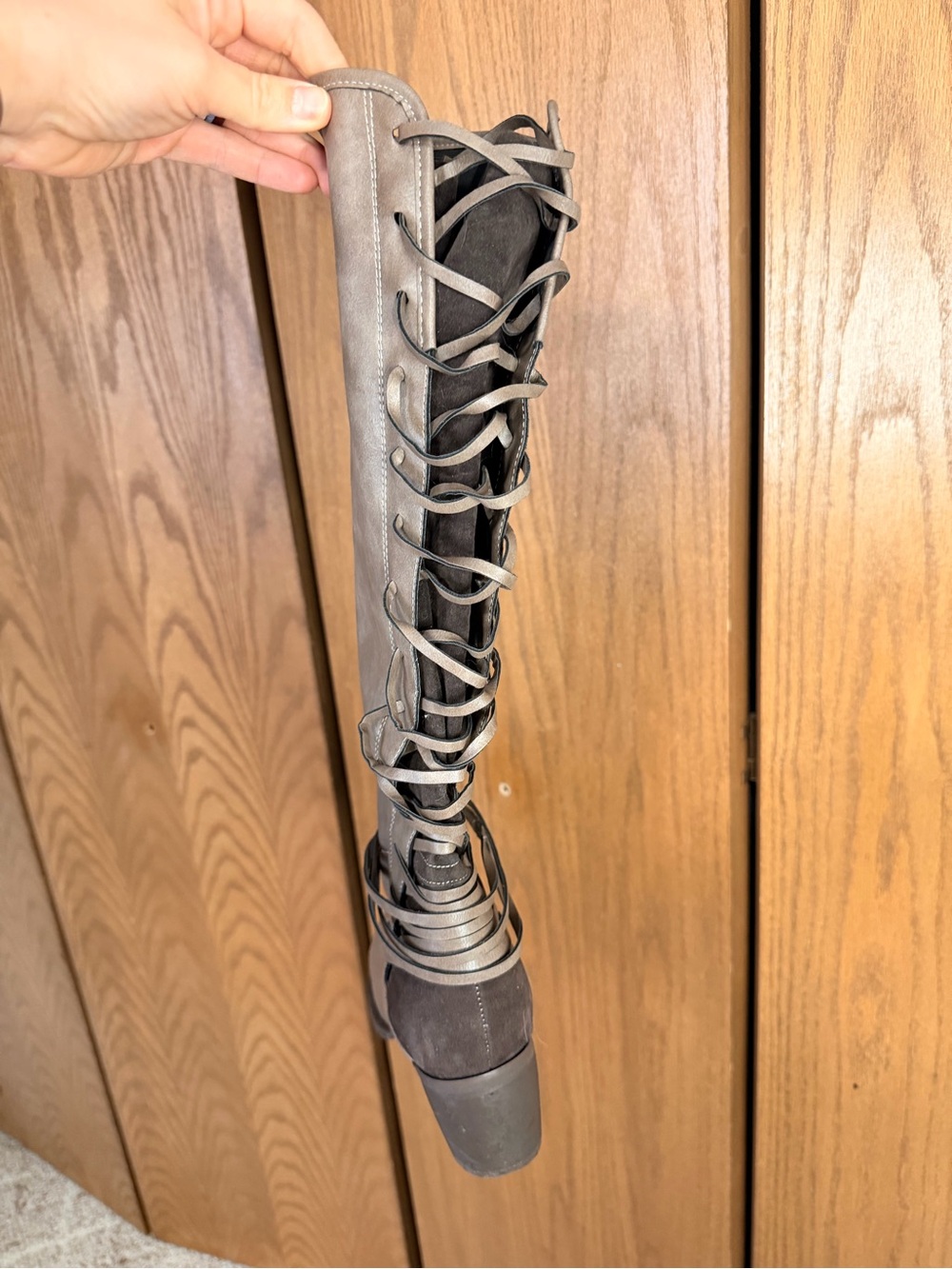 Taupe Lace-Up Knee-High Women’s Boots - Picture 5 of 7